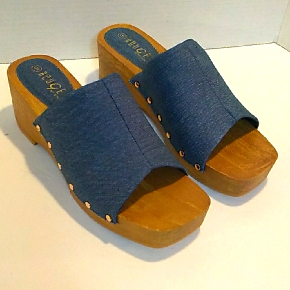 Rouge! Denim Blue Wooden Slide Mules with Stud Accents